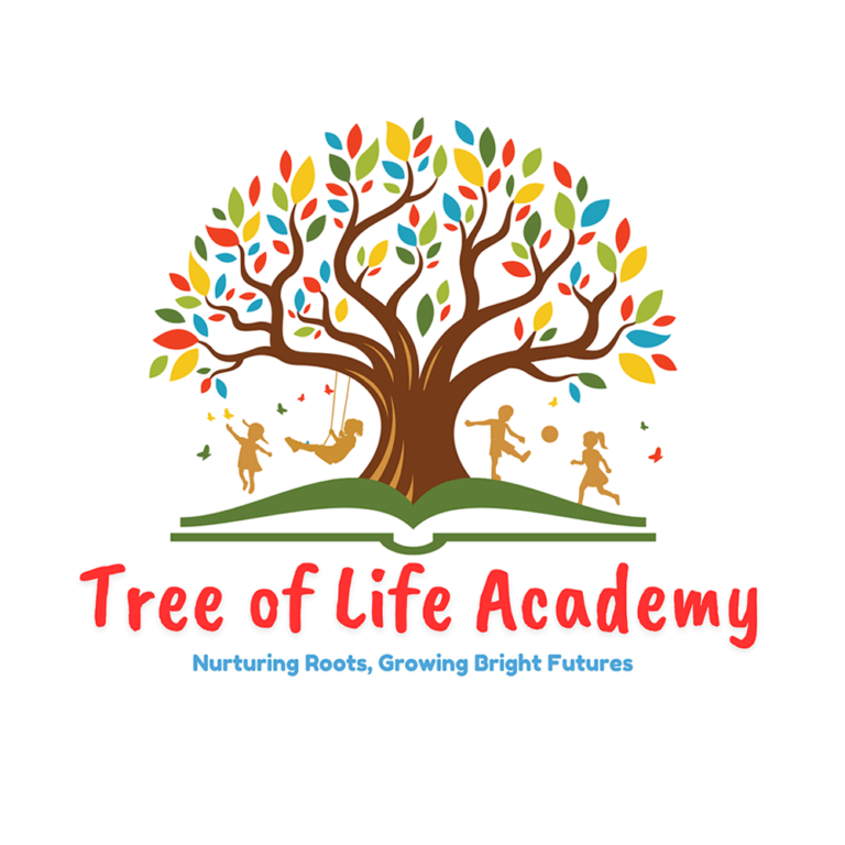 Colorful tree with children playing, symbolizing growth and learning, labeled "Tree of Life Academy."