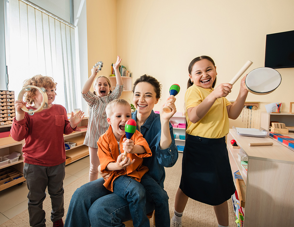 A lively group of children and an teacher enjoying music together, playing instruments and sharing joyful moments