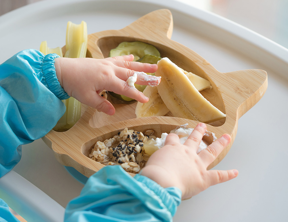 A child's hands reaching for snacks on a fun, animal-shaped plate, making mealtime exciting and playful